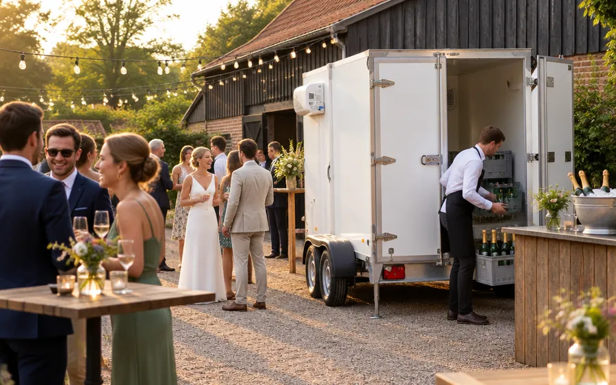 Aanhanger van De-Lo naast de bar op een trouwfeest bij een boerderij