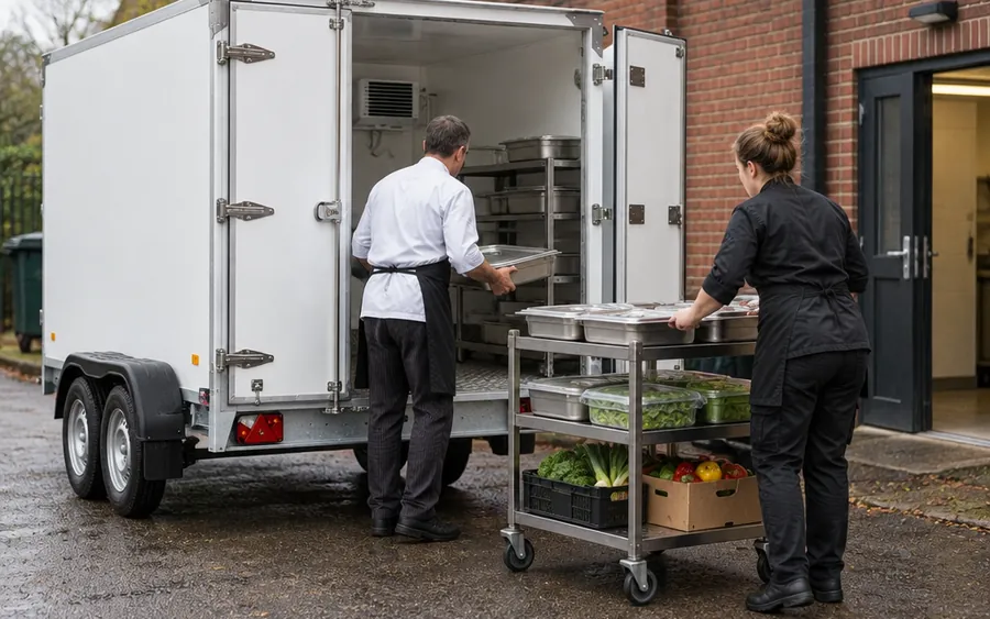 Chef en cateringmedewerker laden bakken in een aanhanger van De-Lo bij de keukeningang